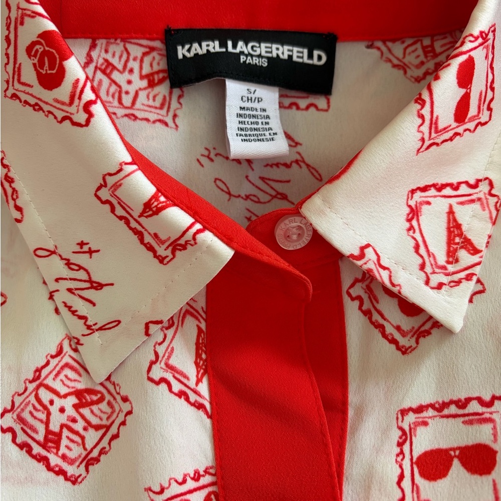 Karl Lagerfeld Red & White Stamp-Print Silk Shirt